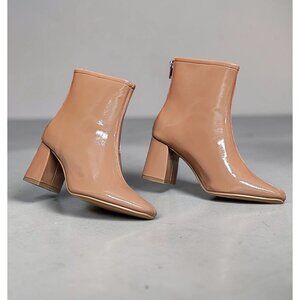 Camel Patent Leather Square Toe Block Heel Ankle Boots With Back Zipper Closure